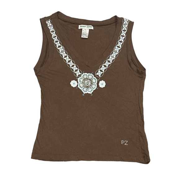 POINT ZERO X NICOLE BENISTI Y2K women's embellished brown v-neck tank, medium. - Picture 1 of 3